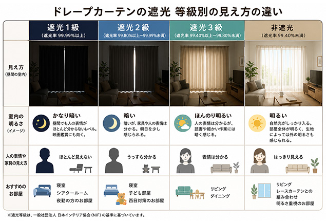 ドレープカーテンの遮光 等級別の見え方の違い 遮光1級(遮光率99.99%以上)、遮光2級(遮光率99.80%以上から99.99%未満)、遮光3級(遮光率99.40%%以上〜99.80%未満)、非遮光(遮光率99.40%未満)