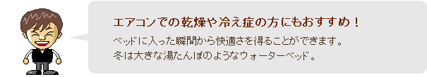 エアコンでの乾燥や冷え症の方にもおすすめ!ベッドに入った瞬間から快適さを得ることができます。冬は大きな湯たんぽのようなウォーターベッド。